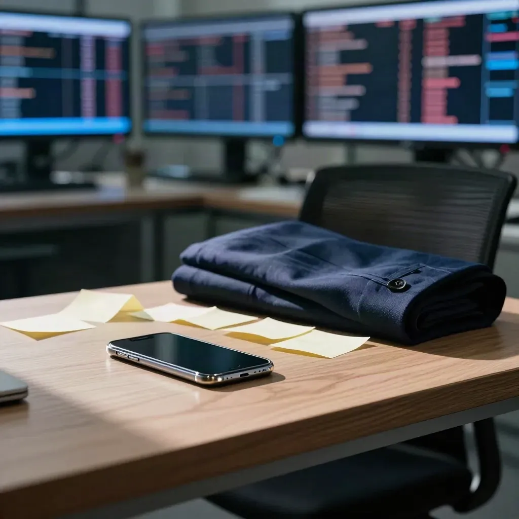 Glowing phone, folded jacket, sticky notes, and blurred ticker wall in a tense market office