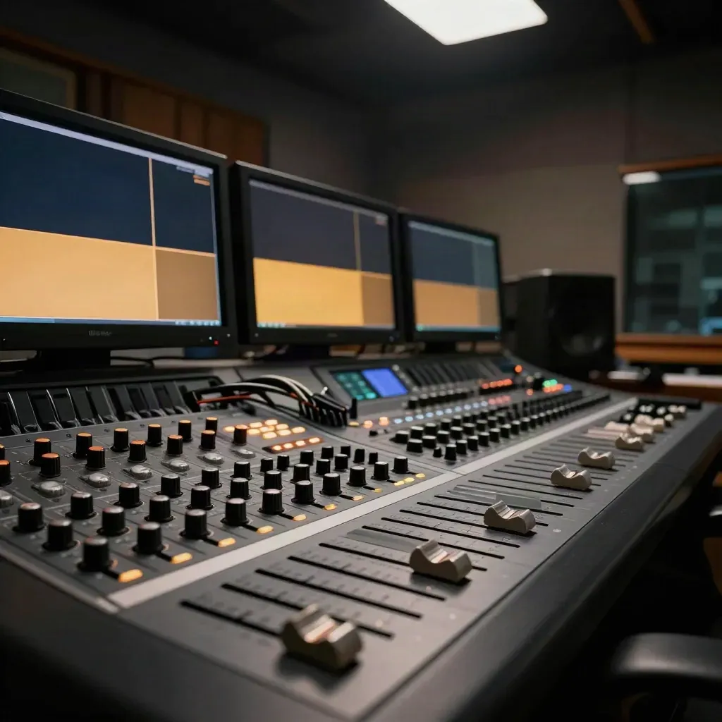 Quiet control room console with glowing monitors, faders, cables and a coffee ring at standby