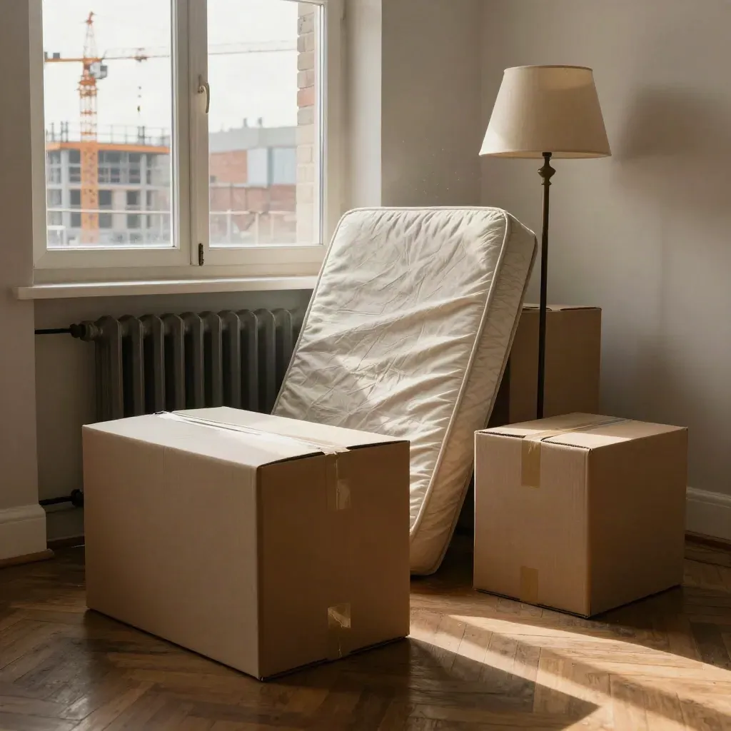 Empty apartment with moving boxes, mattress, lamp, and cranes outside