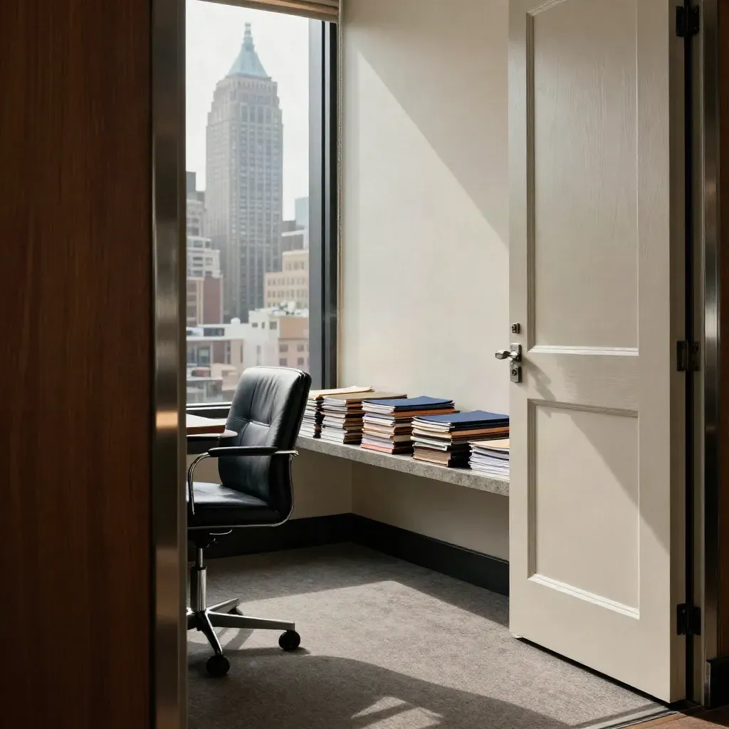 Empty office corner with folders, leather chair, closed boardroom door, and city tower glow.