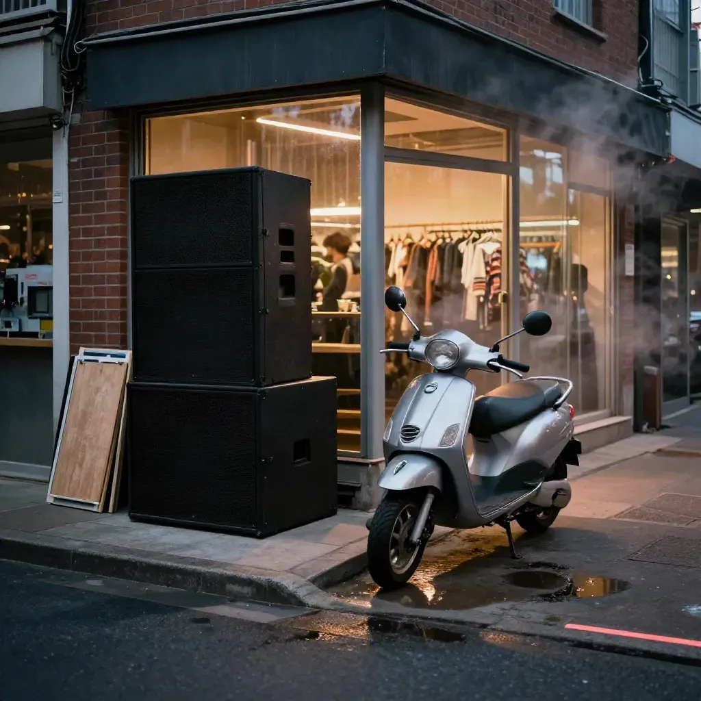 Dusk storefront with speaker stack, folded display boards and a scooter on a humid sidewalk.