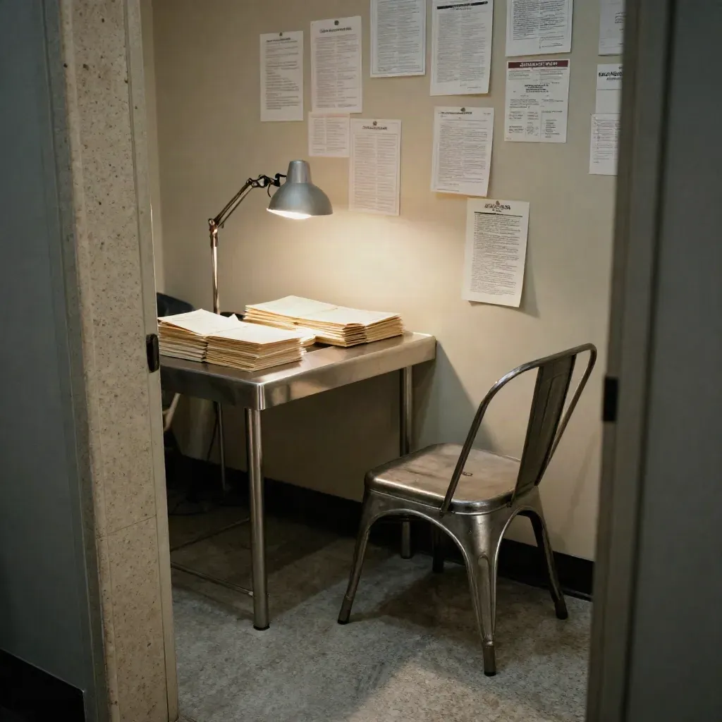 Late-night campaign envelopes, district cards, and a metal chair under a warm task light