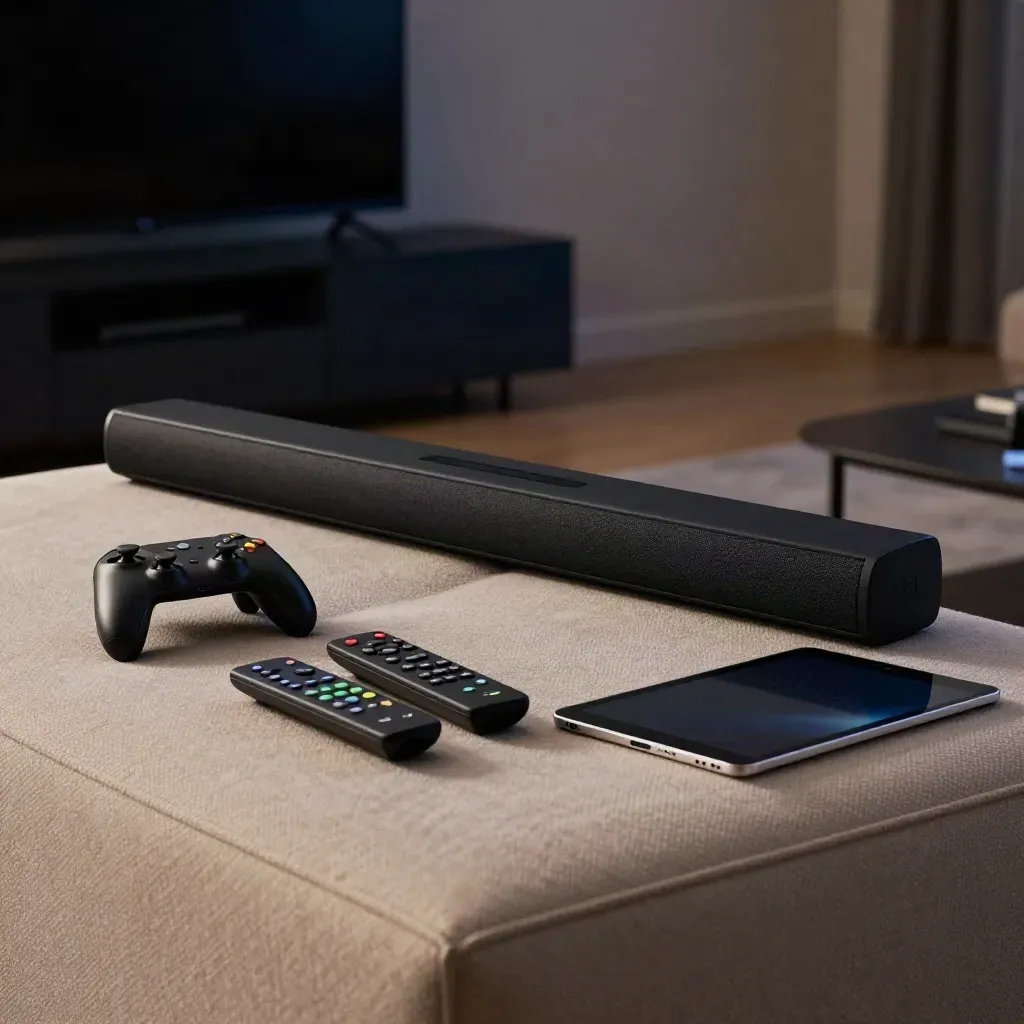 Soundbar, remotes, game controller and turned-down tablet in a dim living room after streaming