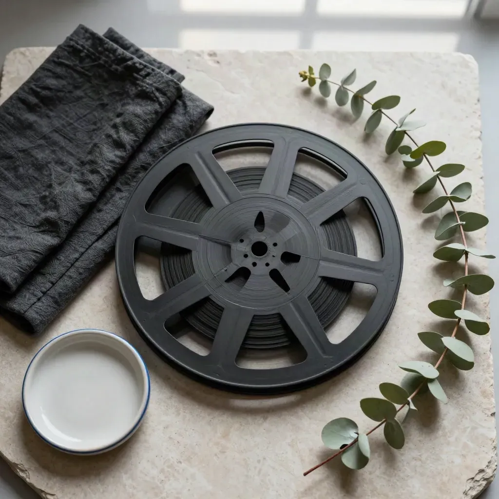Overhead film reel flatlay with linen, ceramic dish, and eucalyptus on pale stone